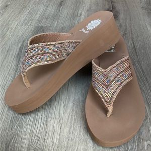 Tan wedge sandals with multi color crystal straps Mellow mat by Yellow Box TTS